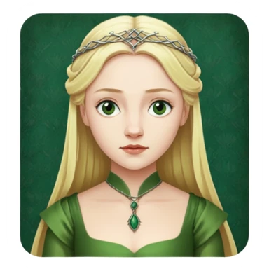 Elizabeth Woodville is the queen of York and looks like a blonde Rebecca Ferguson. She is wearing a green dress and looks like a Game of Thrones Character sticker