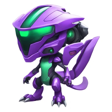 a chibi-style purple-green Genesect-Raptor-Fakémon—hybrid with a futuristic visor-helmet full body sticker