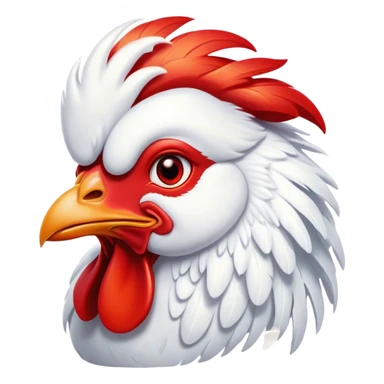 Cinematic Cute White Rooster Portrait Emoji, Head tilted playfully and inquisitively, featuring a glossy, immaculate white plumage with a vibrant red comb, round, sparkling eyes filled with curiosity, Simplified yet irresistibly adorable features, highly detailed, glowing with a warm, friendly glow, high shine, affectionate and spirited, stylized with a touch of farmyard whimsy, bright and endearing, soft glowing outline, capturing the essence of a mischievous yet loving rooster, so playful it feels like it could strut out of the screen and into your arms! sticker