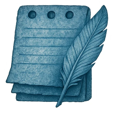 Windows 11 Notepad icon in the style of an ancient blue note, layered parchment, blue hues, weathered texture, and a decorative feather, no text, just the notepad look, option 8 sticker