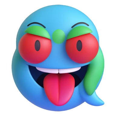 Create a blue smiley face laughing emoji in the same cartoon 3D style as the reference image, with green eyes, a big open mouth, and a red tongue. sticker