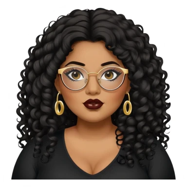 big plus size, darker tan skin, long black curly hair, baddie,pretty, makeup, lipliner, black eyeliner, long hair, gold earrings, black top, glasses sticker