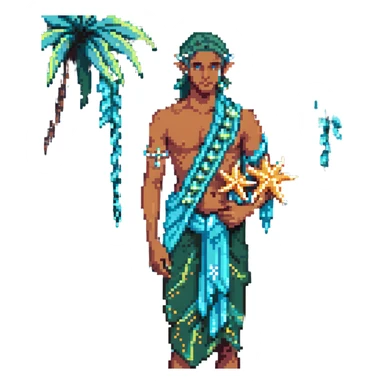 elf male Sarong with bioluminescent embroidery, armful of starfish, hair in a braid with pearl pins sticker