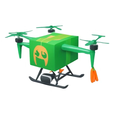 Drone carrying a green package with a carrot logo sticker