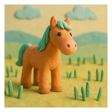 horse standing in a field, pastel colors, visible fingerprints, playful and textured, claymation style sticker
