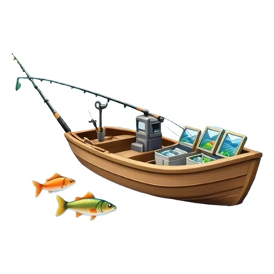 Icon for Fishing Travel: a boat on a calm lake surrounded by mountains and lush greenery, with fish jumping out of the water, a fishing rod, tackle box. The icon should capture the peaceful and adventurous nature of fishing trips. Transparent background. sticker