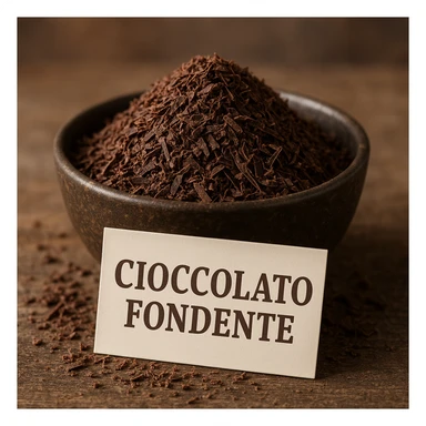 photo realistic grated dark chocolate in a bowl with the label 'cioccolato fondente' in Italian sticker