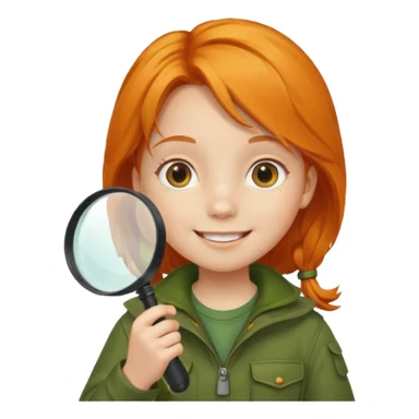 braid orange haired girl kid in moss green explorer outfit, holding magnifying glass, smile sticker