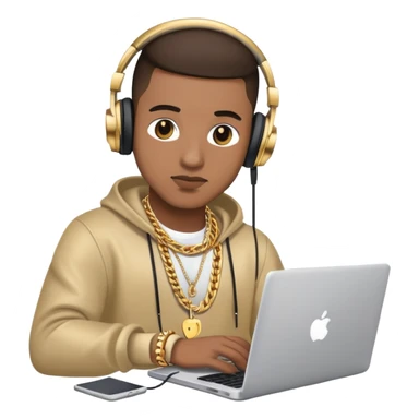 rapper developer with gold chain, headphones and laptop sticker