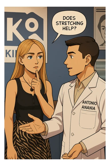 fai un webtoon/manga a colori con questo kinesiologo in camice bianco (fagli la scritta "ANTONIO ANANIA" SUL CAMICE) CHE PARLA CON QUESTA RAGAZZA CON GLI OCCHI AZZURRI. la ragazza HA UN DITO SUL MENTO MENTRE PENSIEROSA gli fa una domanda e IL KINESIOLOGO CON IL CAMICE BIANCO LE risponde. NON FARE I FUMETTI, FAI SOLO LORO COME SE DIALOGASSERO sticker