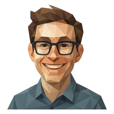 nerdy guy with glasses, smiling, low-poly polygonal style sticker