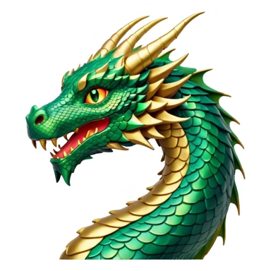 Cinematic Noble Dragon Portrait Emoji, Poised and majestic, with a sinuous, elongated body covered in intricately detailed, shimmering scales in hues of emerald and gold, and piercing, fiery eyes that reflect ancient wisdom; rendered with lifelike texture and natural highlights, high shine, intelligent and formidable, styled with an aura of mythic power, focused and attentive, soft glowing outline, capturing the essence of a legendary dragon that appears ready to soar out of the screen with timeless authority! sticker