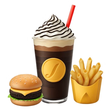 Crea una escena estilo restaurante que incluya: una 🍔 hamburguesa jugosa, un 🥤 frappé de galleta oreo en vaso de vidrio con popote, 🍟 papas fritas sticker
