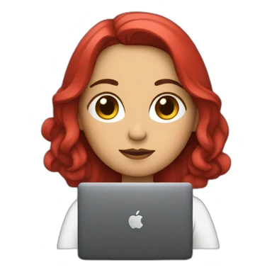 Mujer joven con cabello rojizo con MacBook sticker