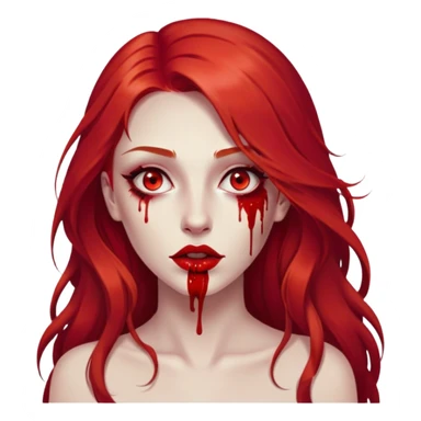 a woman with long red hair and red eyes. She have red lipstick. blood on face and metaphorical chest sticker
