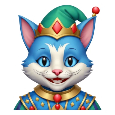 crazy colorful cute little cat jolly joker from poker, medieval, vintage, court jester, mac os icon, blue color, half body sticker