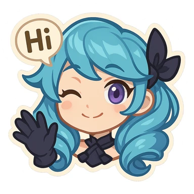 Gwen from League of Legends, chibi style, only head, right eye purple, one hand waving with glove, hi emote, gentle and friendly, no text sticker