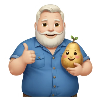fat guy with white side part and white beard and key tattoo on his arm smiling with blue button up shirt holding a potato with thumbs up sticker