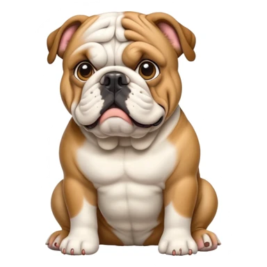 cinematic-[english bulldog]-realistic-full-body-sitting-emoji,-tail-resting-loosely-beside-its-paws,-head-tilted-dramatically,-sleek-[fawn]-fur,-simplified-yet-realistic-focused-features,-highly-detailed,-glowing-with-an-almost-sarcastic-glow sticker