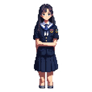 slender schoolgirl in navy uniform in classroom at sunset with dramatic shadows, one desk pulled out, gazing at window, feeling of longing sticker