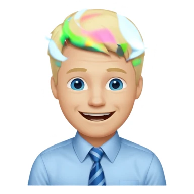 A guy with blonde hair and blue eyes that looks masculine. make him wear a shirt with a tie. he is danish. He is laughing extremely hard sticker