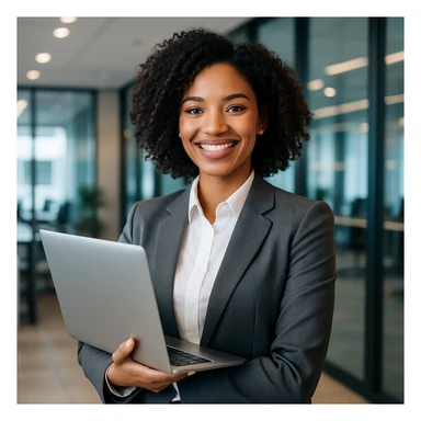 A mixed race young woman in a blazer, holding a laptop, smiling confidently, representing a successful corporate leader. sticker