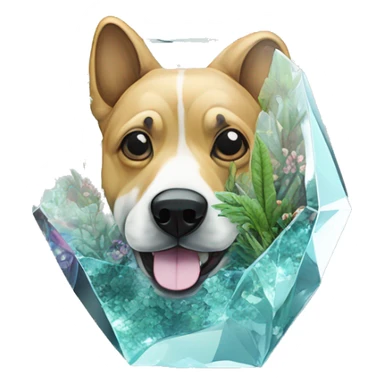 A dog made of glass mirror crystals prisms glass transparent filled with plants as a terrarium with graffiti doodles sticker