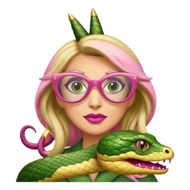 please create a snake with a bitchy evil face wearing a dark blonde wig and pink pointy nails and squared frame golden glasses sticker