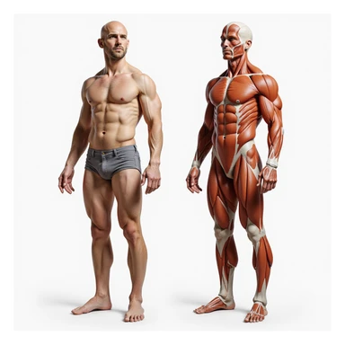 realistic male body in 9:16, standing front view, left half with visible fat accumulation and anatomical overlay of adipose tissue, right half lean with well-defined muscles and muscular anatomical overlay sticker