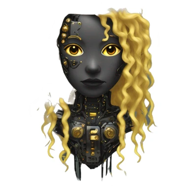 black metal female cyborg head with circuitry and yellow gold curly hair sticker