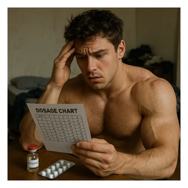 realistic young athlete with swollen muscles but marked skin consulting dosage chart, vial of testosterone and blister of aromatase inhibitor on table, worried expression, messy room background, 4K quality sticker