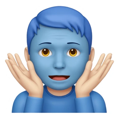 circle face with blue skin, mewing with his hands, emoji style sticker