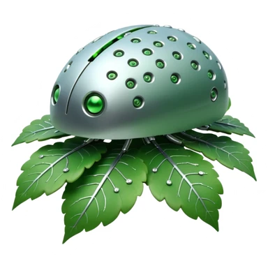 3D render of Nanobot Cloud, futuristic cyborg aesthetic, fusion of organic skin and chrome metal, swarm of tiny silver dots eating a green leaf, isolated on white background --v 6.0. sticker