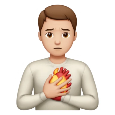 person with heartburn, uncomfortable expression, hand on chest, chest area highlighted sticker