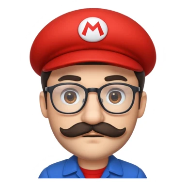 person with glasses, short dark hair, mustache and beard, dressed as Mario, holding a red cap sticker