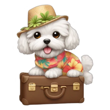 white maltipoo with luggage and Hawaiian hat sticker