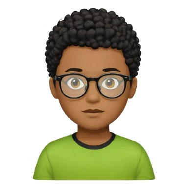 Menino pardo com cabelo curto cacheado preto raspado dos lados, de óculos preto e blusa verde e amarela sticker