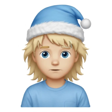 create boy blonde hair long messy, light eyes, white t shirt, rich, long hair, eyes blue, acessory head cristimas blue hat, long hair, fluffy hair sticker