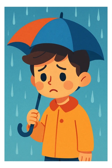 a sad boy with an umbrella in the rain, gentle illustration style, soft shading, calm mood sticker