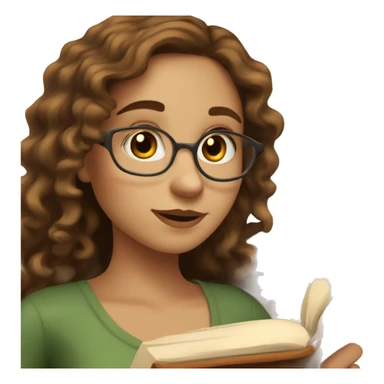 A young woman with long curly brown hair, she has light, white skin, there are two moles on her right cheek, she has brown eyes, she looks not at the camera, but at an open book in her hands sticker