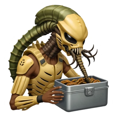 The Predator with full armor and mask eating an Alien facehugger from a lunchbox, the setting should be dark and real. sticker