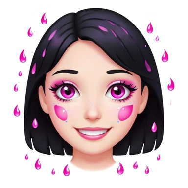 smiling girl with black hair, pink glitter tears, no heart eyes sticker