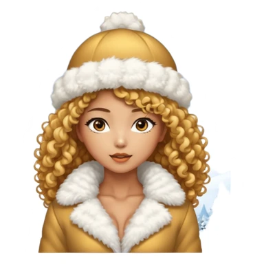 sexy and muscled tanned asian girl, golder curly hair, in winter fluffy white and gold dress-suit, in winter fluffy hat, winter snow and ice around sticker