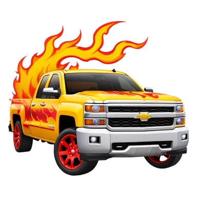 Bright yellow Chevrolet Silverado with professionally airbrushed red flame artwork with orange highlights, custom paint job like in Kill Bill, 30-degree angle showing detailed flames, iOS emoji style sticker