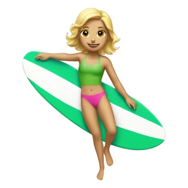 Blonde girl surfing with a green and pink swimsuit sticker