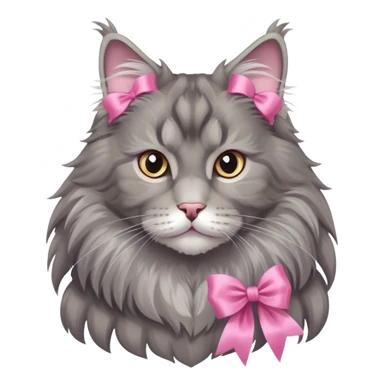 A grey Maine coon Neck Wearing a pink silk ribbon sticker