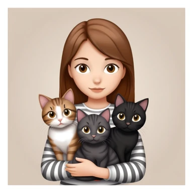 Tan brown-haired girl holding three cats, one black cat, one grey cat, and one grey-striped cat sticker