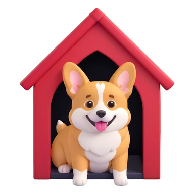 red dog house with a Corgi dog inside, Corgi sitting at the entrance, semi-realistic with emoji-style eyes and expression sticker
