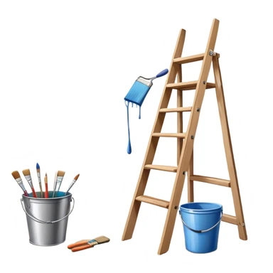 Create an icon that represents the hobby of wall painting. The design should feature a wall with a beautiful, frameless painting in progress. Include a paint bucket with brushes and rollers, as well as a wooden ladder, symbolizing the process of creating the artwork. The wall should have visible brush strokes, indicating the work in progress. The composition should be harmonious and balanced, reflecting both the artistic and practical aspects of wall painting. The background should be transparent. sticker