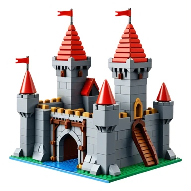 A photorealistic icon featuring a large medieval castle built from LEGO bricks, with detailed textures of the bricks, turrets, and drawbridge. The design captures the creativity and intricacy of LEGO construction with vibrant colors and realistic lighting. Transparent background sticker
